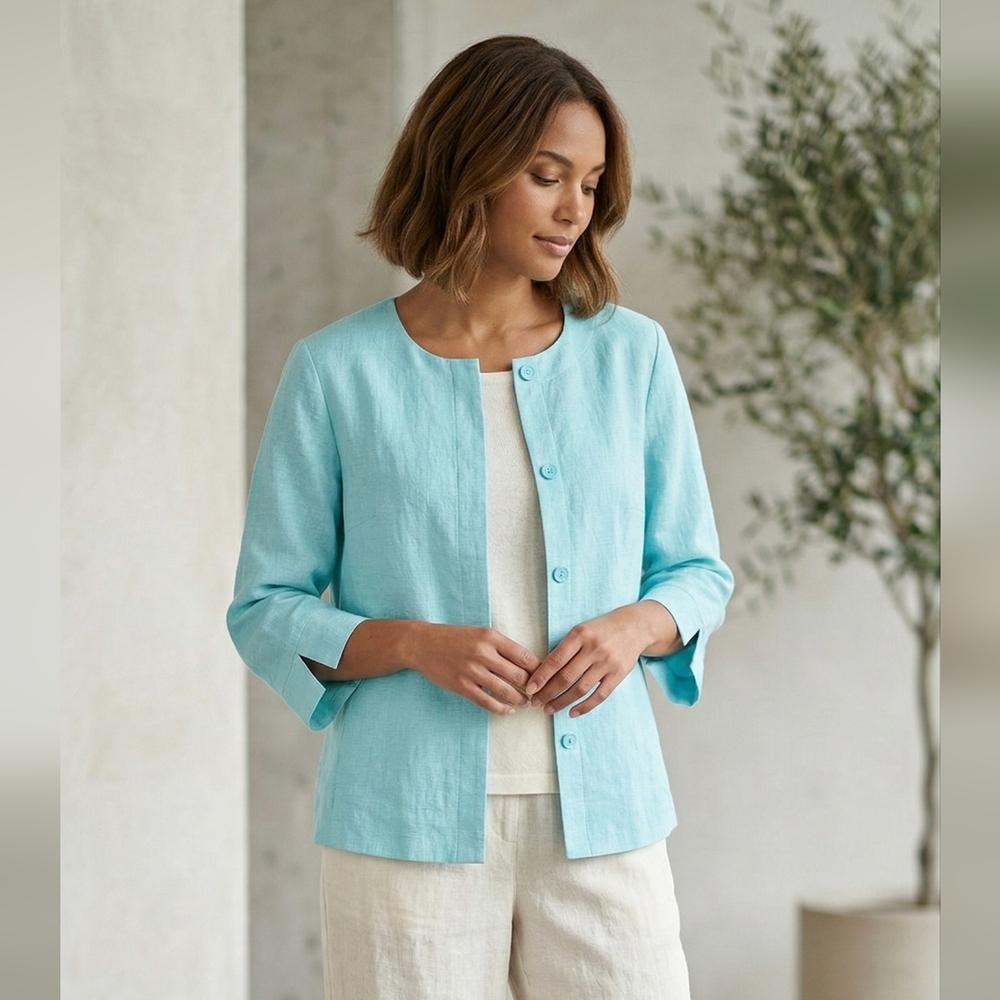 NWT David N. Blue Linen Blend Jacket Blazer Beach Minimalist 12